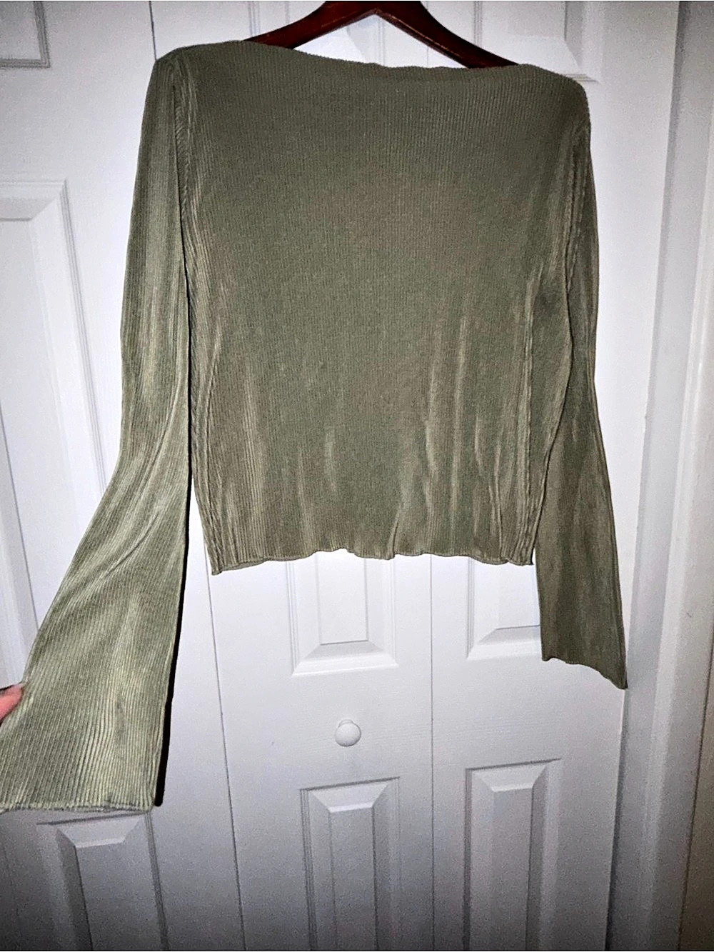 AND NOW THIS Olive Green Ribbed Boat Neck Bell Sleeve Top XL